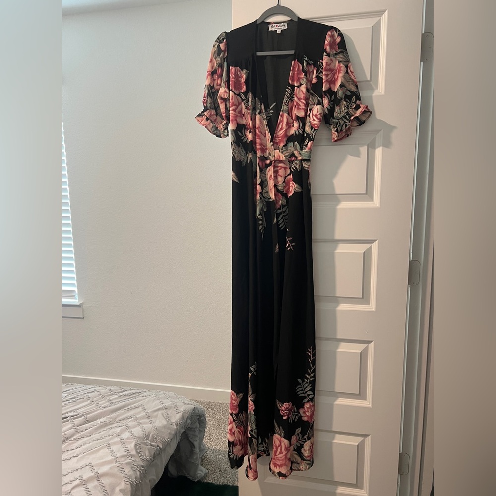 Get Lucky black with pink floral wrap around dress - Picture 3 of 4